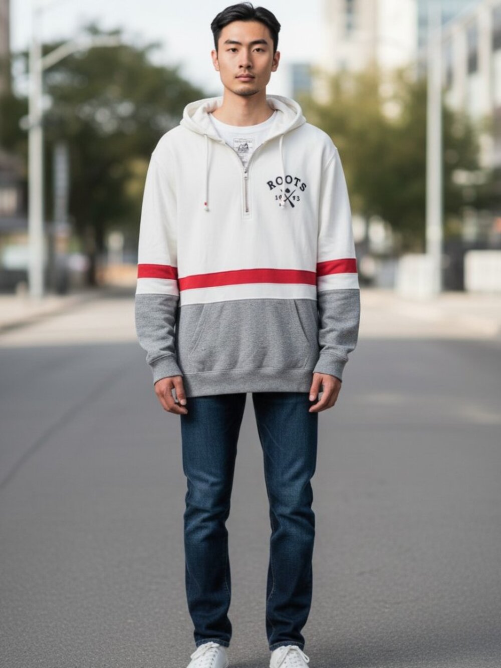Roots Classic Colorblock Hoodie - Grey/White/Red - Men's XS - Modal Blend - Picture 1 of 4